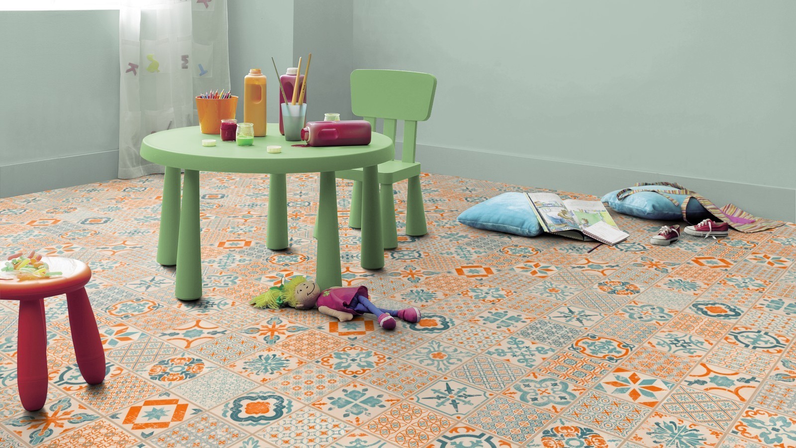 Tarkett Vinylboden Starfloor Click 30 Orange Blue Retro Fliese M4V