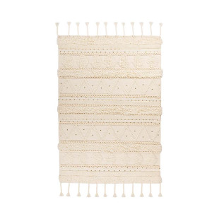 Boho wool rug handmade RAUTEN THREE CROPS cream with fringes rectangular height 18mm