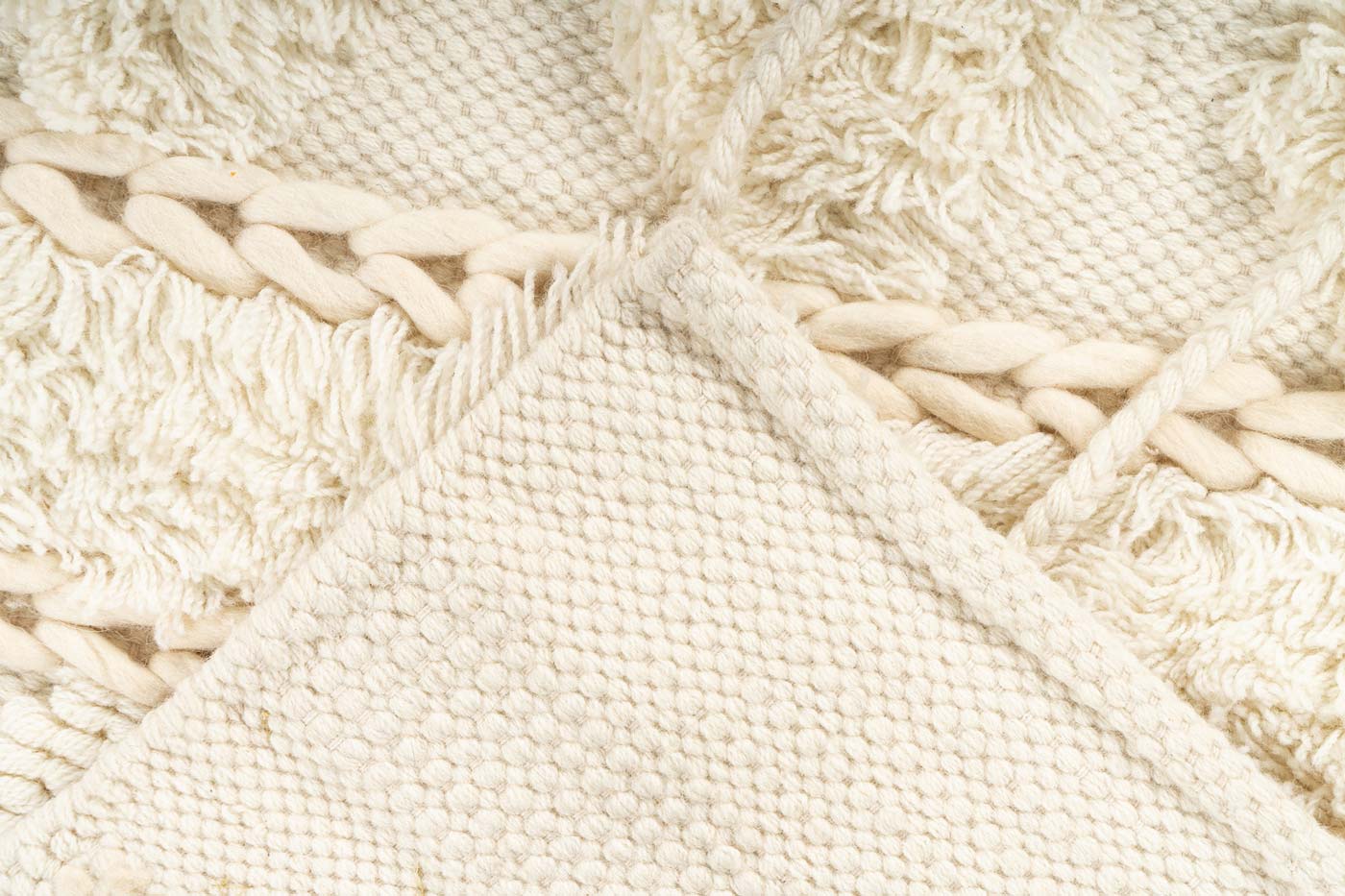 Boho Wollteppich RAUTEN DREIECKE Creme mit Fransen rechteckig 18mm Raum3