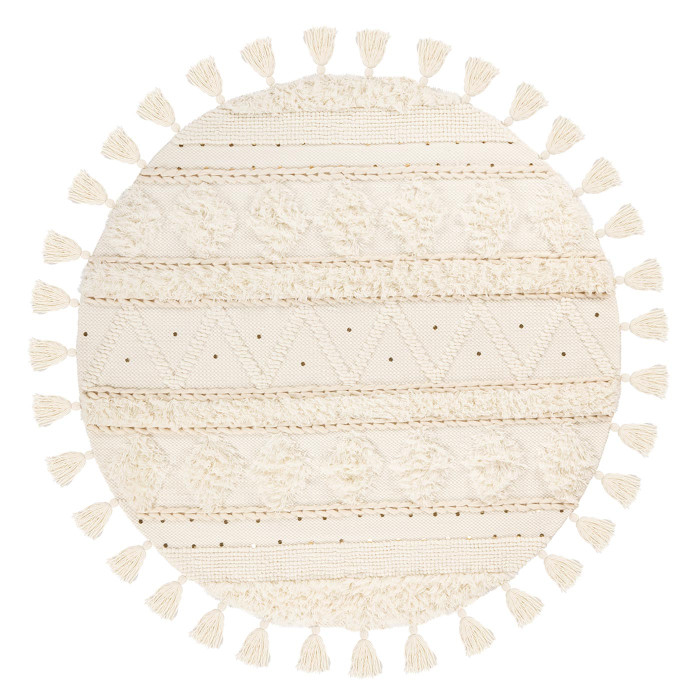 Boho wool rug handmade RAUTEN THREE CROSS cream with fringes round height 18mm 160x160cm main product photo