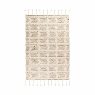 Boho wool rug handmade RAUTEN ARROWS cream khaki with fringes rectangular height 18mm