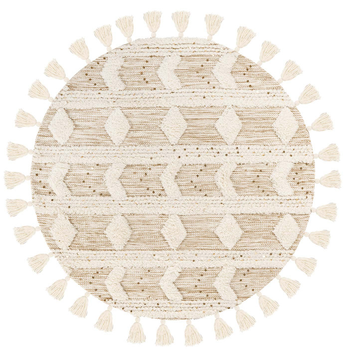 Boho wool rug handmade RAUTEN ARROWS cream khaki with fringes round height 18mm 160x160cm main product photo