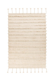Boho Wollteppich Handgefertigt STREIFEN Natural Creme Beige mit Fransen  rechteckig Höhe 18mm