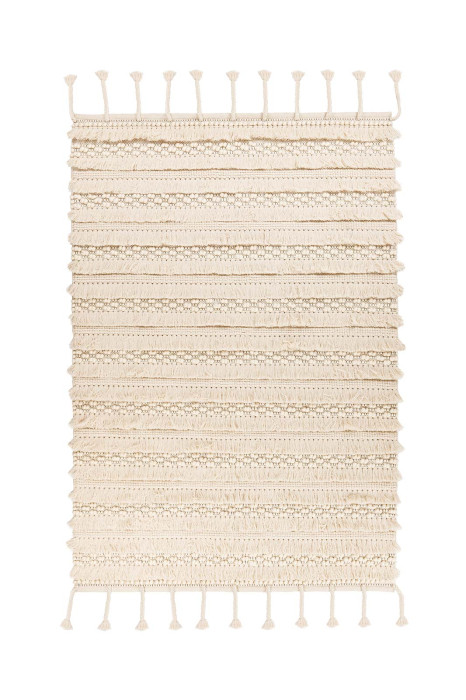 Boho Wollteppich Handgefertigt STREIFEN Natural Creme Beige mit Fransen rechteckig Höhe 18mm main product photo