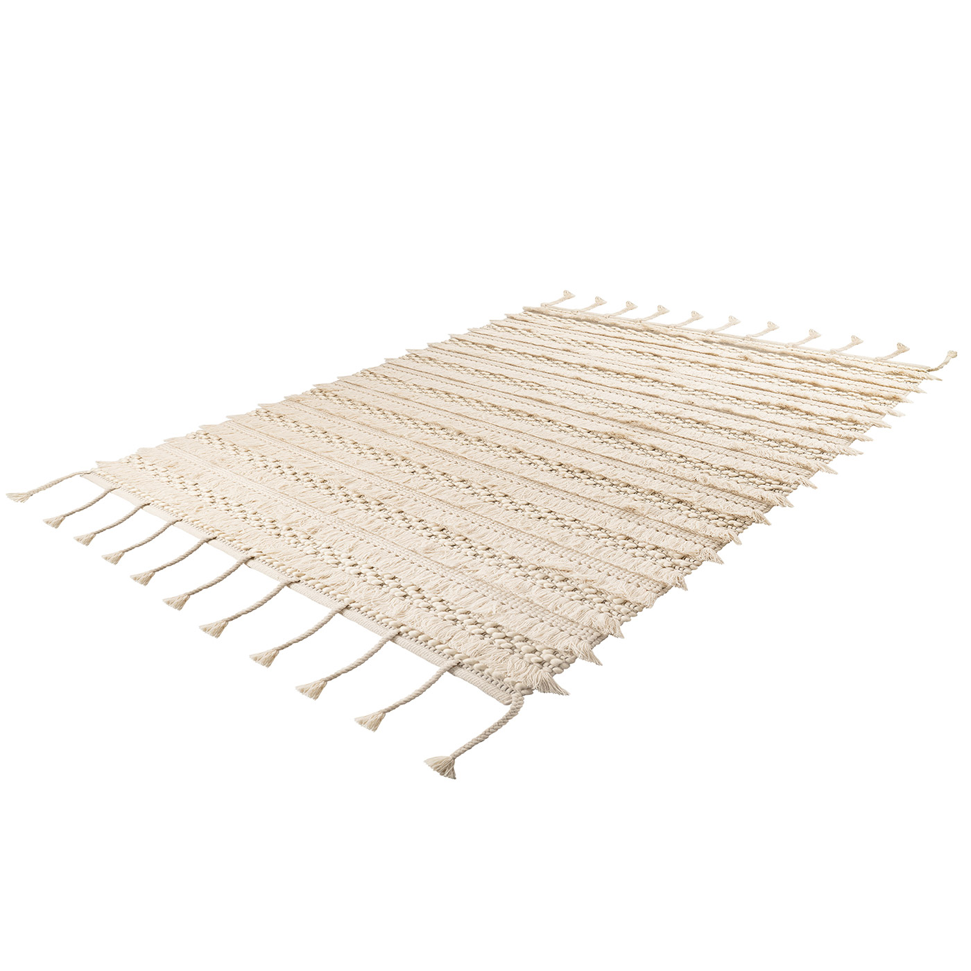 Boho Wollteppich STREIFEN Natural Creme Beige mit Fransen rechteckig 18mm Raum2