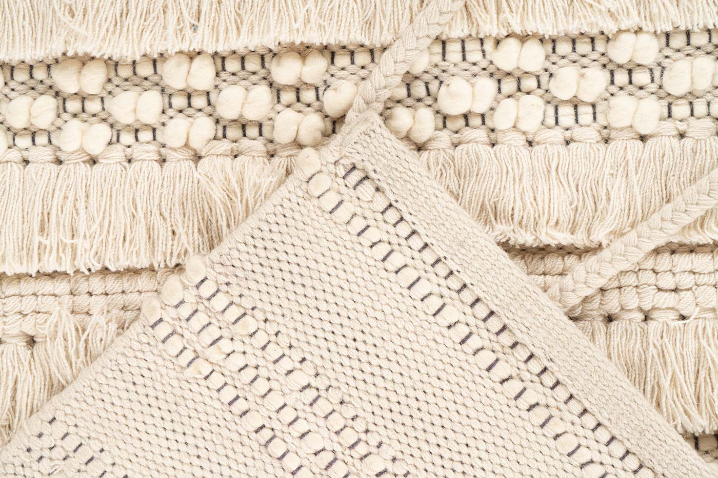 Boho Wollteppich STREIFEN Natural Creme Beige mit Fransen rechteckig 18mm Raum3