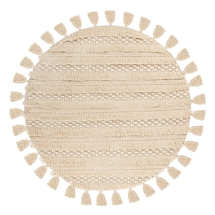 Boho wool carpet Handmade STRIP Natural Cream Beige with fringes round height 18mm 160x160cm main product photo