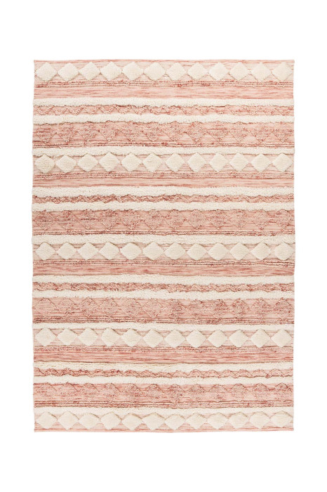 Boho Wollteppich Handgefertigt STREIFEN Rosa Creme rechteckig Höhe 15mm main product photo