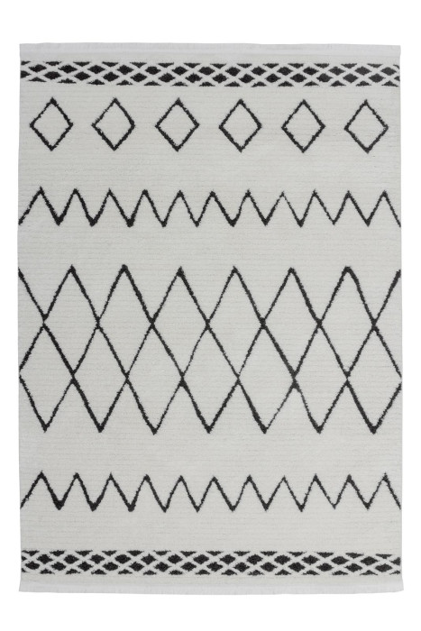 Tapis ethnique avec poils hauts Blanc RHOMBES et TRIANGLES Noir rectangulaire Epaisseur 23 mm 120x170cm main product photo