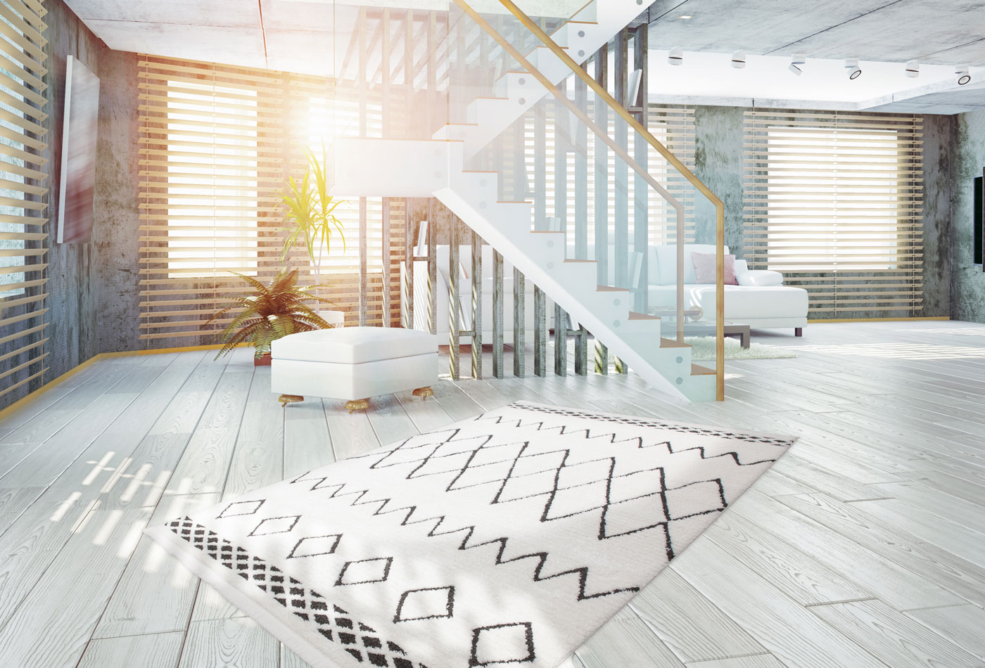 Ethno Hochflorteppich Weiß RAUTEN und DREIECKE Schwarz rechteckig 23mm Raum4