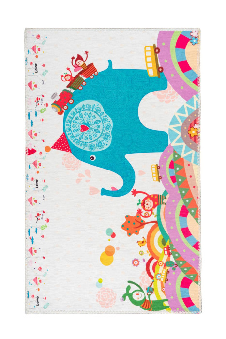Children's carpet white ELEPHANT blue on colorful clouds rectangular height 5 mm main product photo