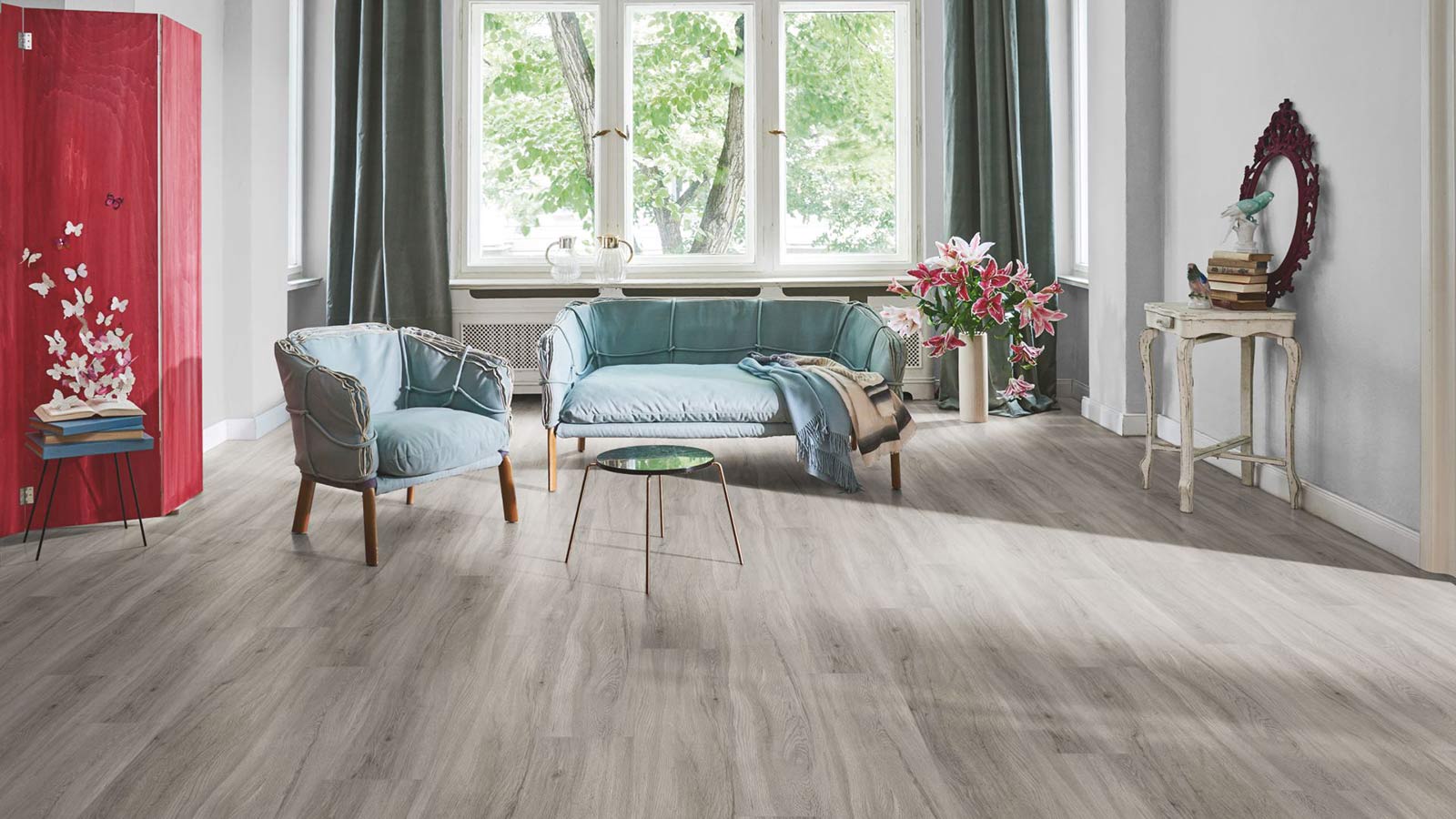 Parador Vinylboden Basic 5.3 Eiche pastellgrau 1-Stab Landhausdiele 4V Trittschalldämmung Raum6