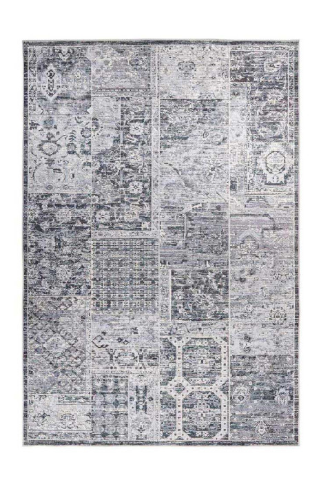Flat pile carpet Grey VINTAGE PATTERN MIX Grey / Cream / Turquoise rectangular height 6 mm main product photo
