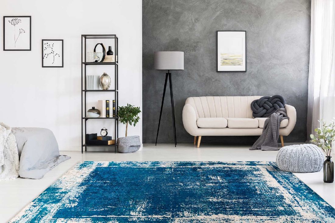 Flachflorteppich VINTAGE OZEAN Blau / Creme rechteckig Höhe 6 mm Raum4