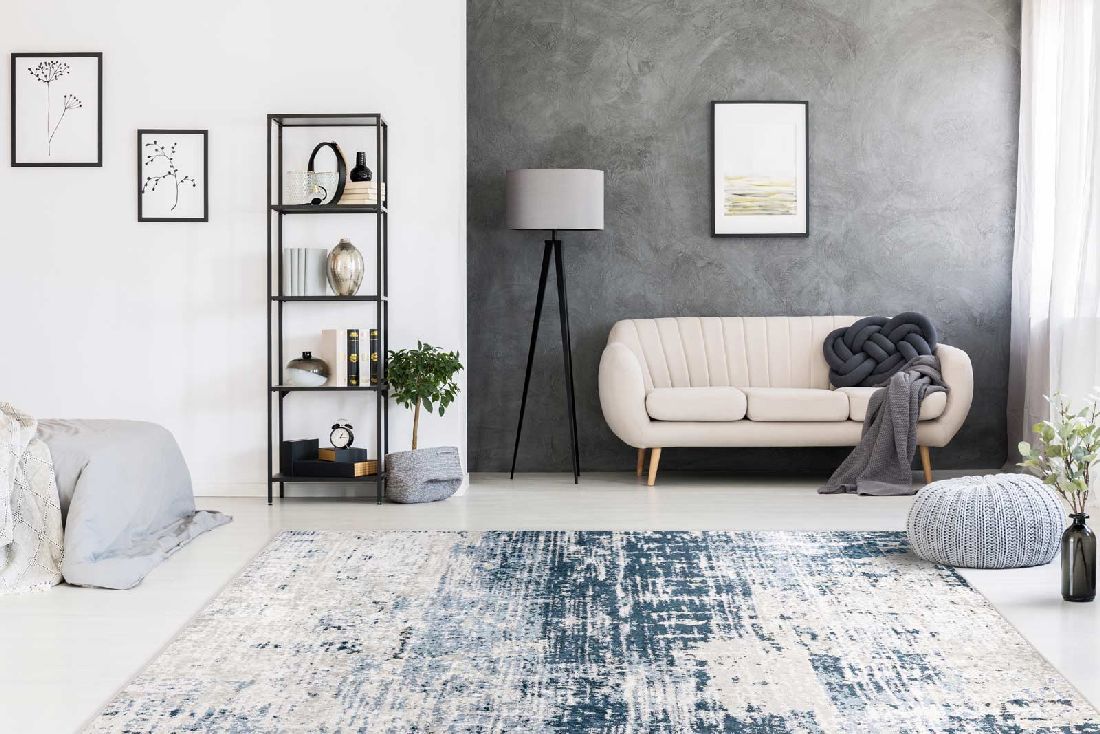 Flachflorteppich VINTAGE USED Creme / Blau rechteckig Höhe 6 mm Raum4