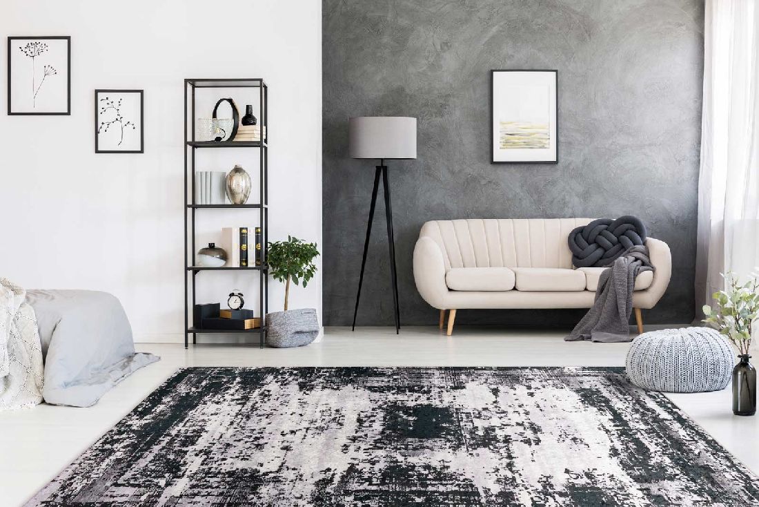 Flachflorteppich VINTAGE USED Schwarz / Weiß rechteckig Höhe 6 mm Raum4