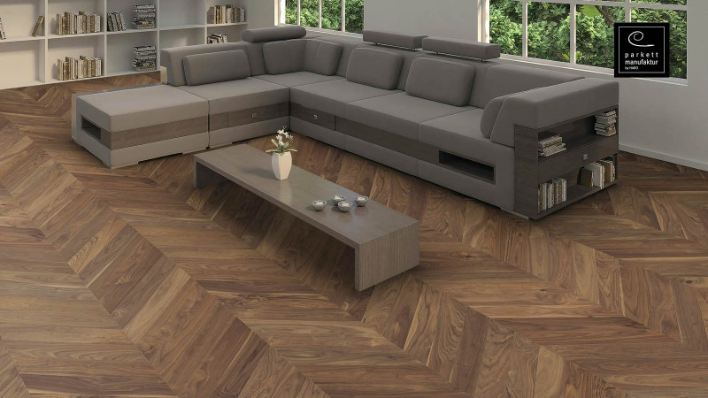 HARO Parkett parkettmanufaktur Selectiv Amerikanischer Nussbaum Chevron französisches Fischgrät 4V oleovera main product photo