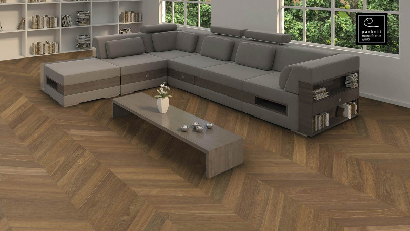 HARO Parkett parkettmanufaktur Selectiv Raucheiche Chevron französisches Fischgrät 4V oleovera main product photo