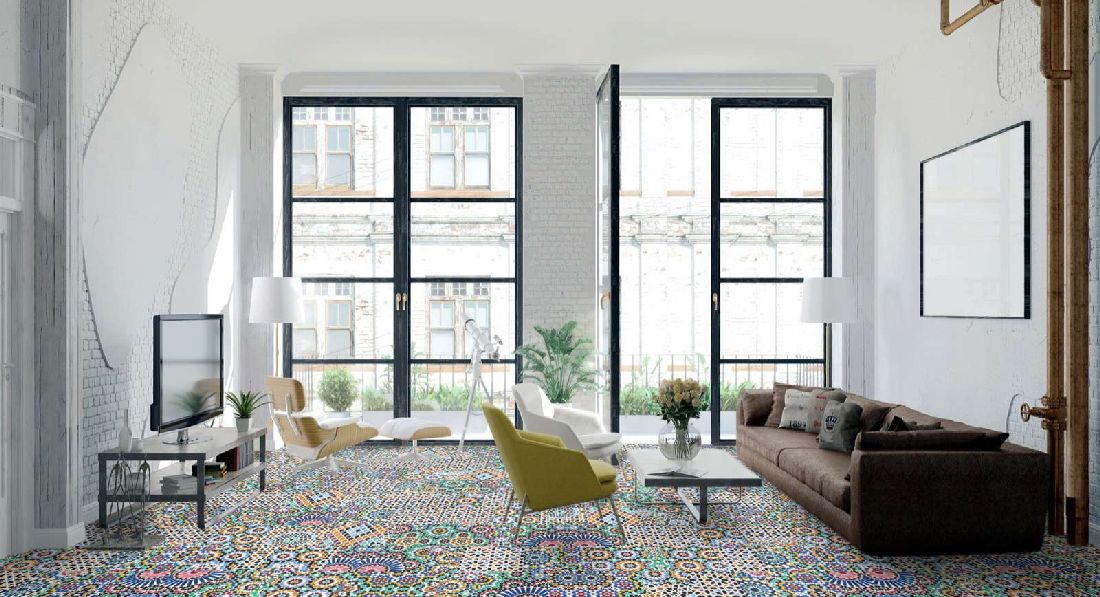 Kings Canyon Laminat Patchwork Blumen bunt Fliese zum Klicken Raum3