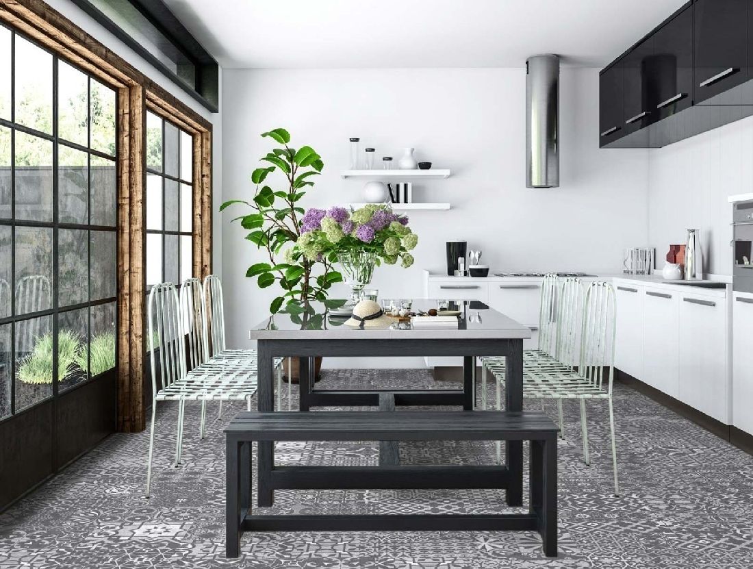 Kings Canyon Laminat Patchwork Zentangle Dunkelgrau Fliese zum Klicken Raum4