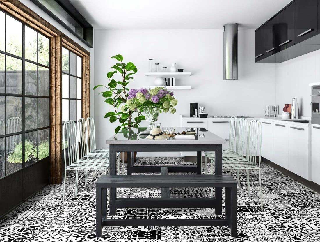 Kings Canyon Laminat Patchwork Zentangle Schwarz-Weiß Fliese zum Klicken Raum3