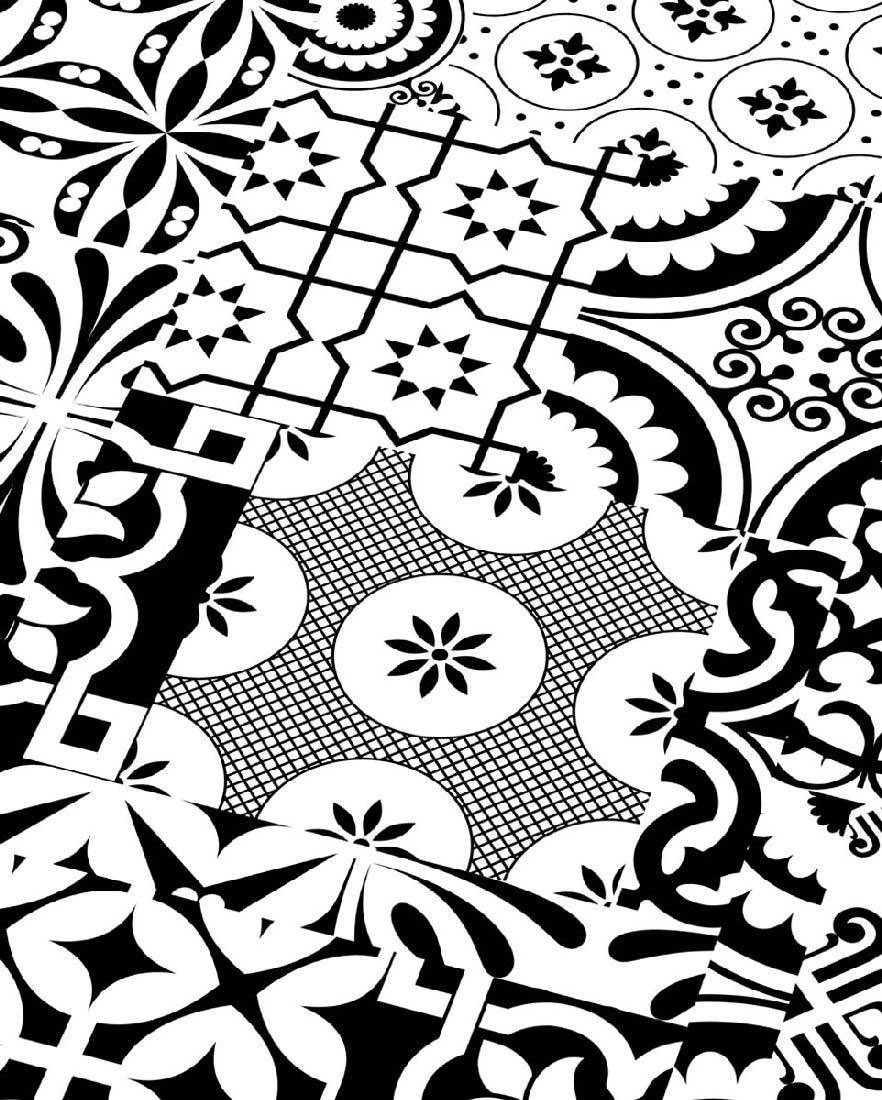 Kings Canyon Laminat Patchwork Zentangle Schwarz-Weiß Fliese zum Klicken Raum1