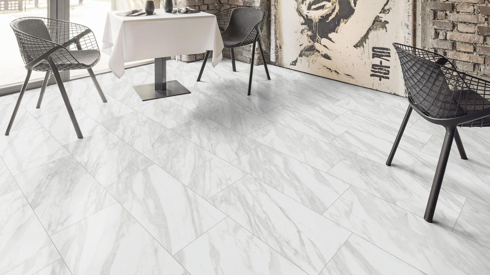 Kings Canyon Rigid Vinylboden Heavy Duty mit Schalldämmung Marmor Italia weiß Fliese XL 4V Raum3