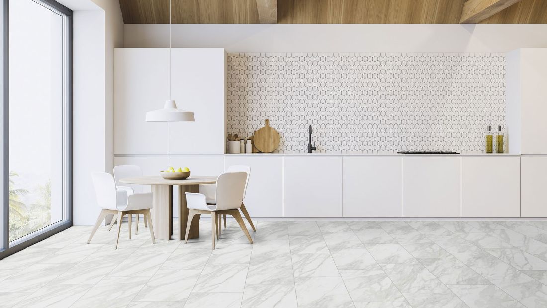 Kings Canyon Rigid Vinylboden Heavy Duty mit Schalldämmung Marmor Italia weiß Fliese XL 4V Raum5