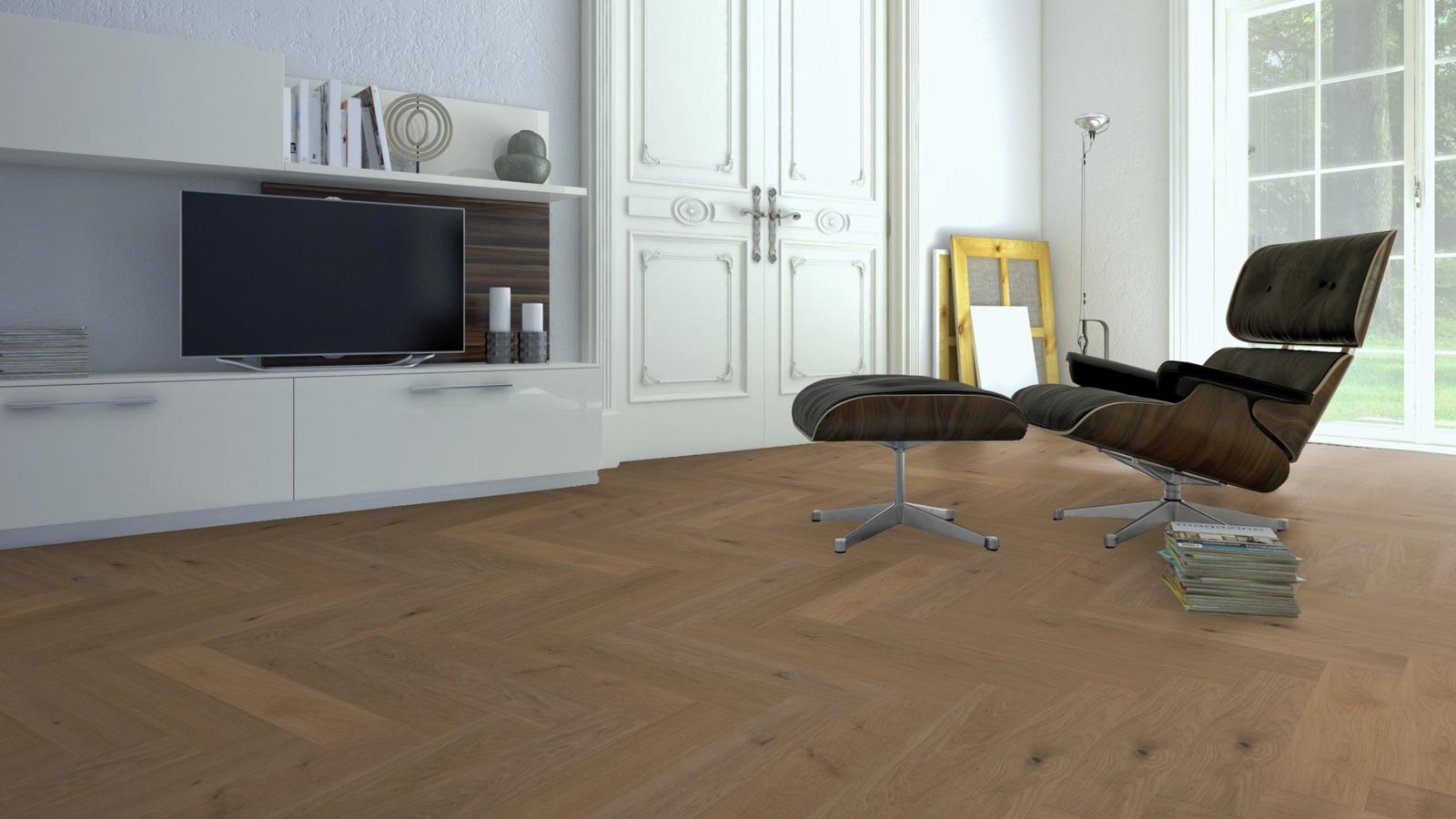 Meister Lindura Holzboden HS 500 Eiche classic greige 8931 Fischgrät M4V Raum4