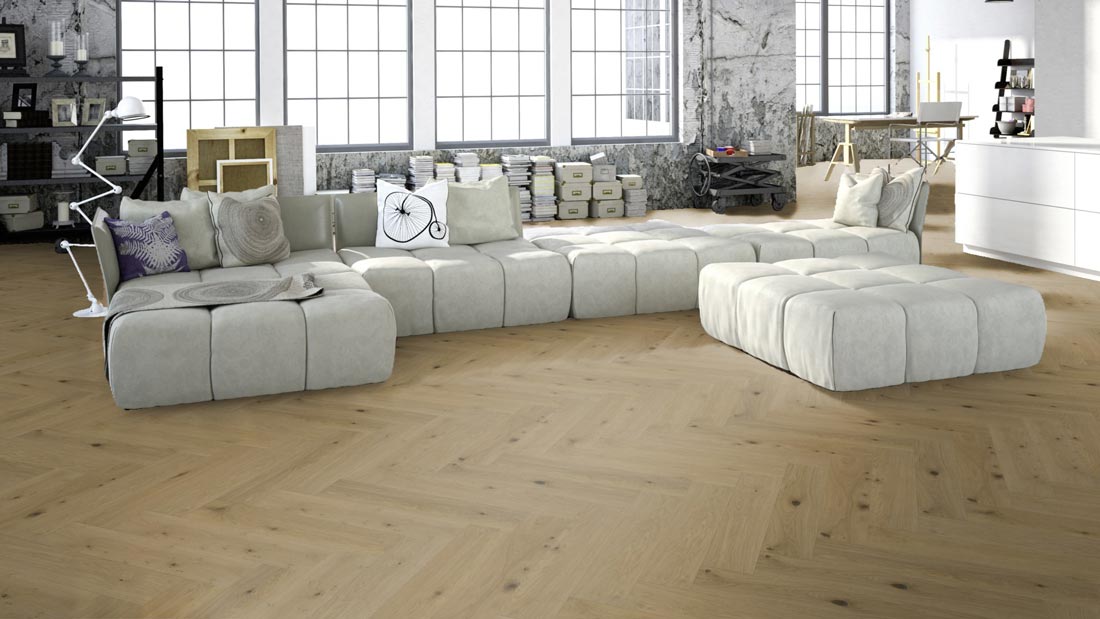 Meister Parkett MeisterParkett. longlife PS 500 Eiche authentic greige 9006 Fischgrät M4V Raum2