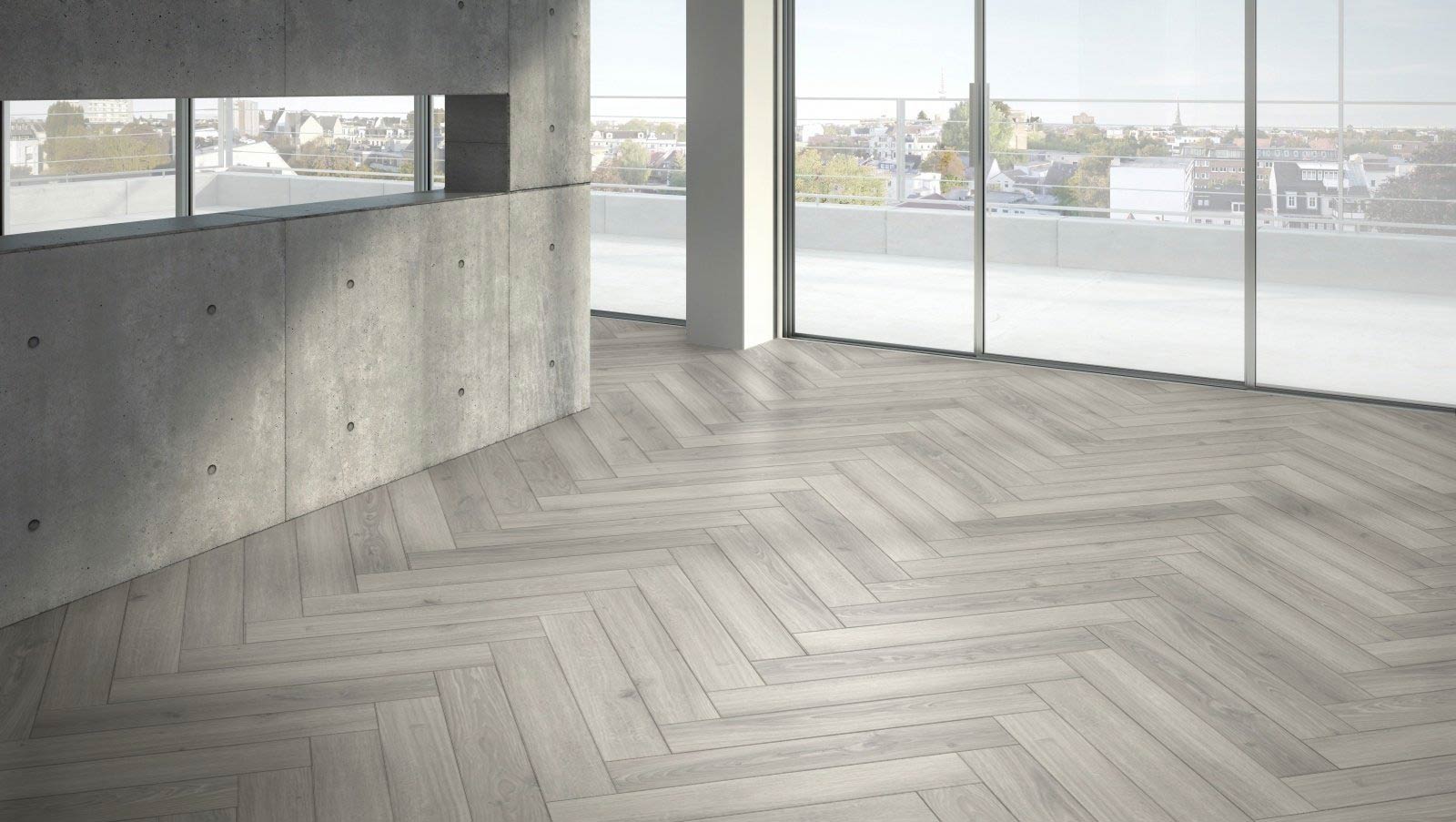 Parador Laminat Trendtime 3 Iconics Eiche Studioline Lichtgrau Fischgrät 4V Raum2