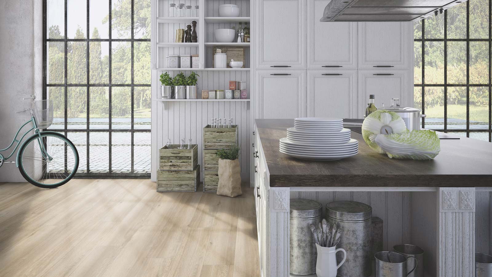 Skaben Bioboden Pro Climate Click 73 WOOD Eiche Pazifikgrau nachhaltige wasserfeste Landhausdiele 4V zum Klicken Raum6