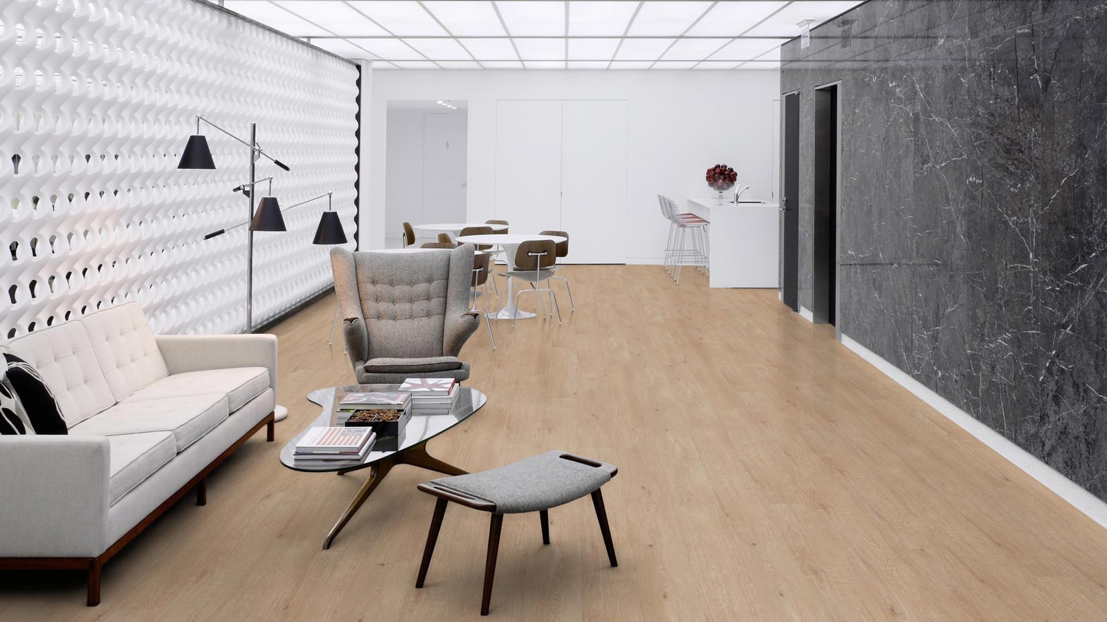 Skaben Bioboden Pro Climate Click 73 WOOD helle Eiche natürlich nachhaltige wasserfeste Landhausdiele 4V zum Klicken Raum5