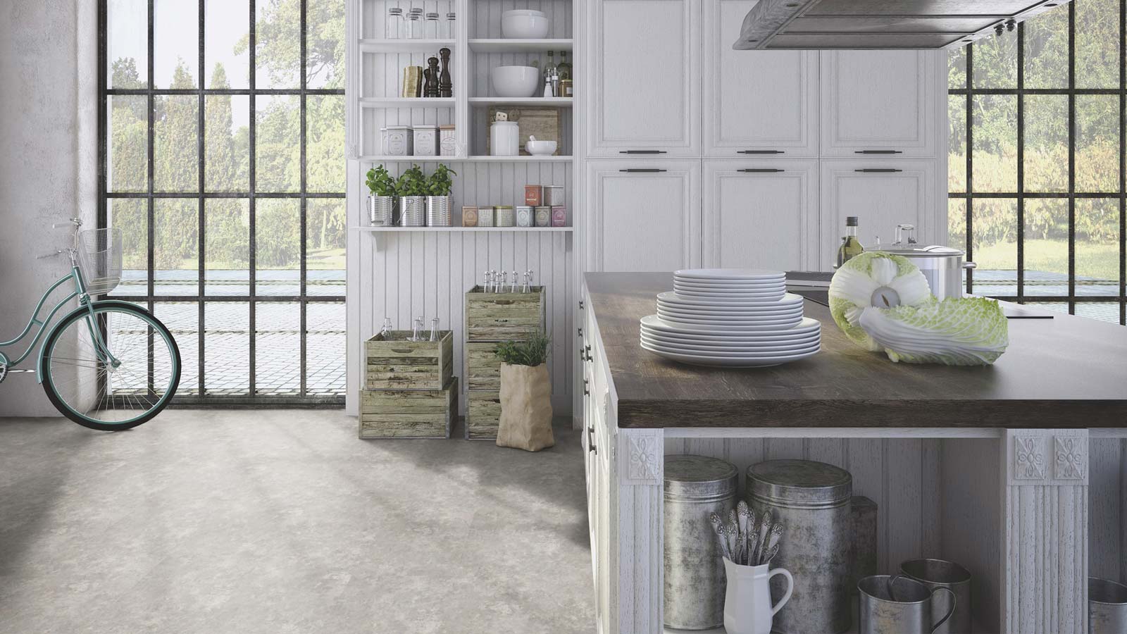 Skaben Bioboden Pro Climate Click 70 STONE Beton Fjäll heller Feldspan nachhaltige wasserfeste Fliese zum Klicken Raum4