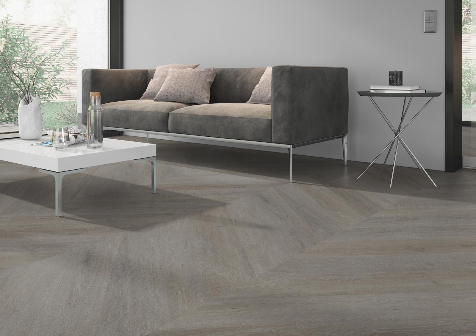Skaben Design Rhino 55 Albion Eiche taupe Real Feel französisches Fischgrät Chevron zum Kleben Raum3
