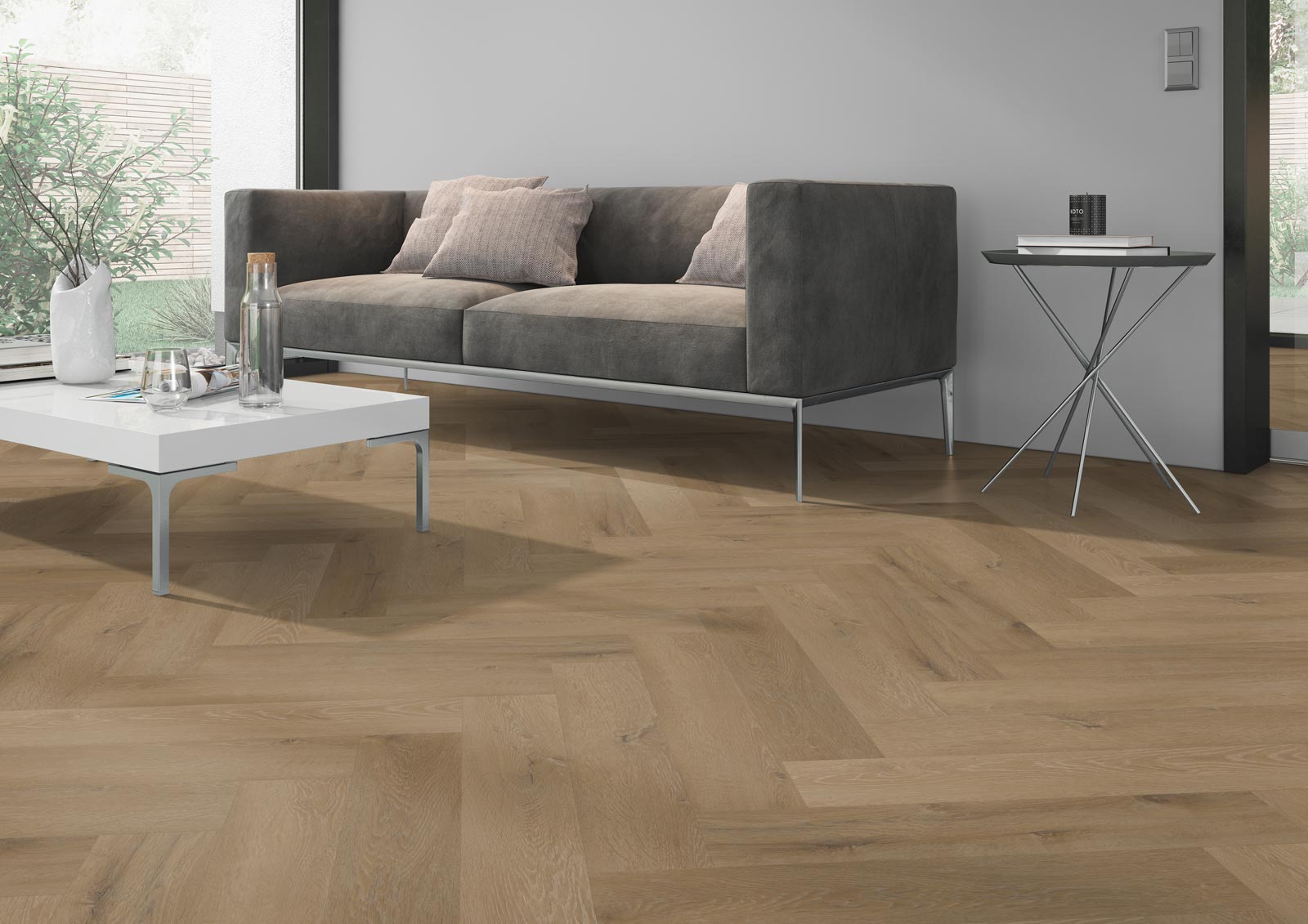 Skaben Design Rhino 55 Milano Eiche gold braun Real Feel Fischgrät Herringbone 4V zum Kleben Raum3