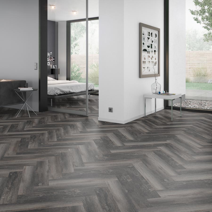 Skaben Suelo de Vinilo Design Rhino 55 Torino Black Smoked Pine Real Feel Herringbone 4V for Gluing