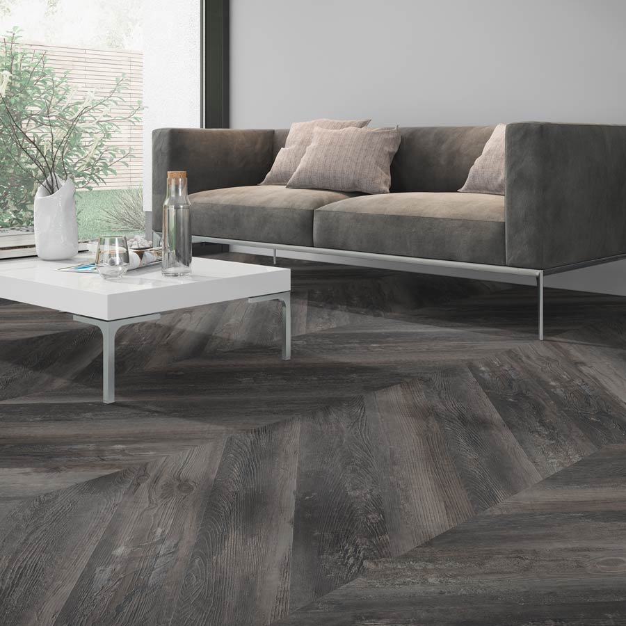 Skaben Suelo de Vinilo Design Rhino 55 Torino Pine Black Smoked Real Feel French Herringbone Chevron for Gluing