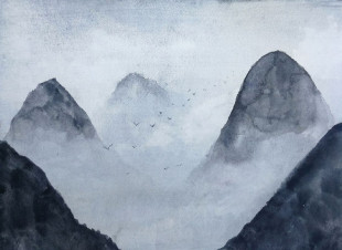 Skaben Fototapete Mountain - Grau / Weiß | Berge, Vögel, Natur Tapete