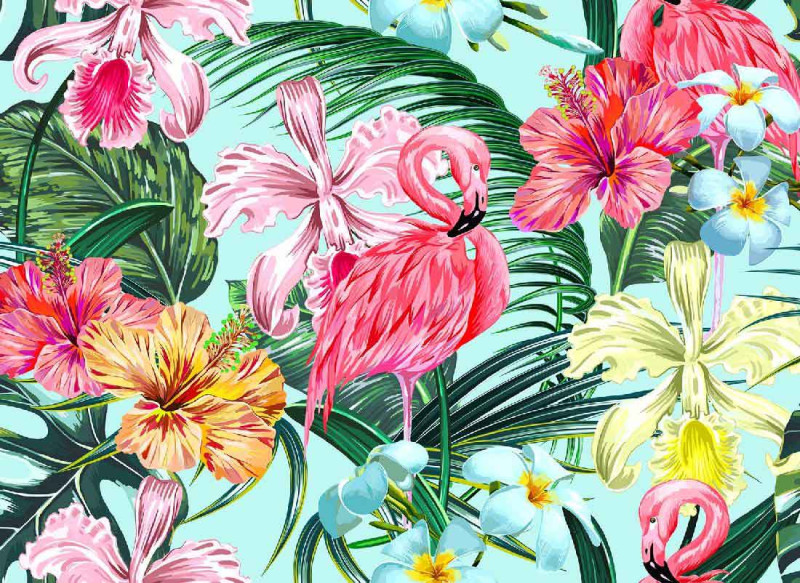 Skaben Wall mural Flowers - Colorful / Blue | Flowers, Flamingo, Jungle Wallpaper main product photo