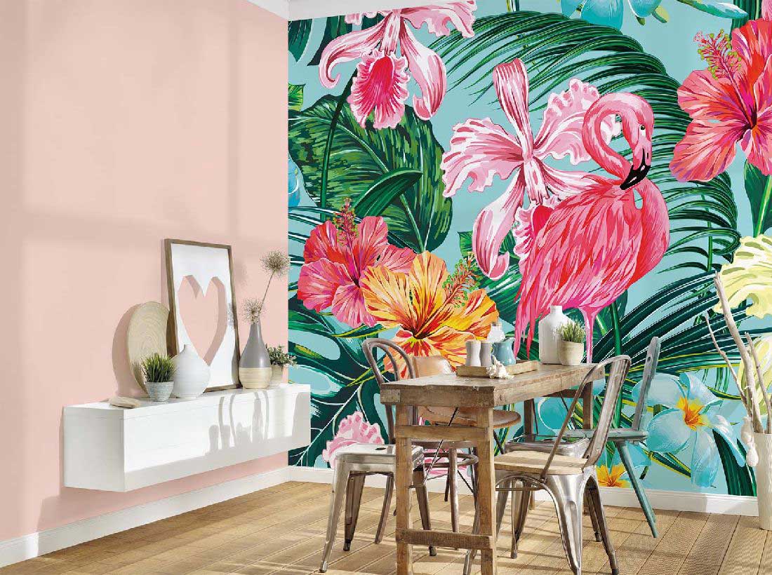 Skaben Fototapete Blumen Flamingo Bunt / Blau Raum3