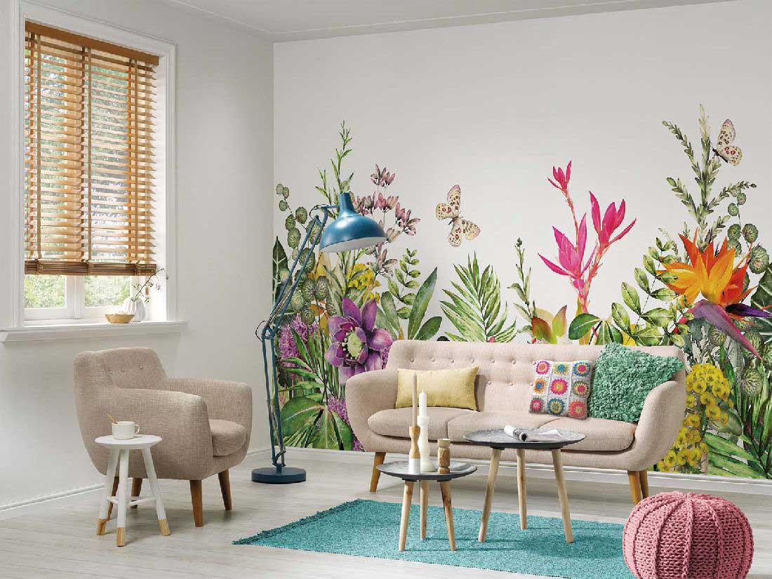 Skaben Fototapete Blumen Schmetterling Bunt / Weiß Raum3