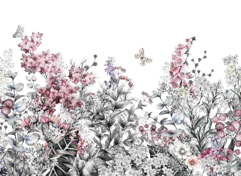 Skaben Wall mural Flowers - Pink / Grey | Flowers, Butterfly, Nature Wallpaper main product photo