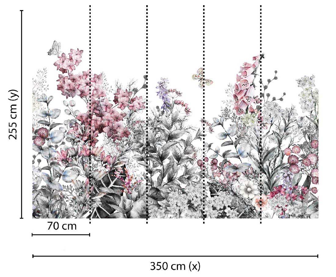 Skaben Fototapete Blumen Schmetterling Rosa / Grau Raum2
