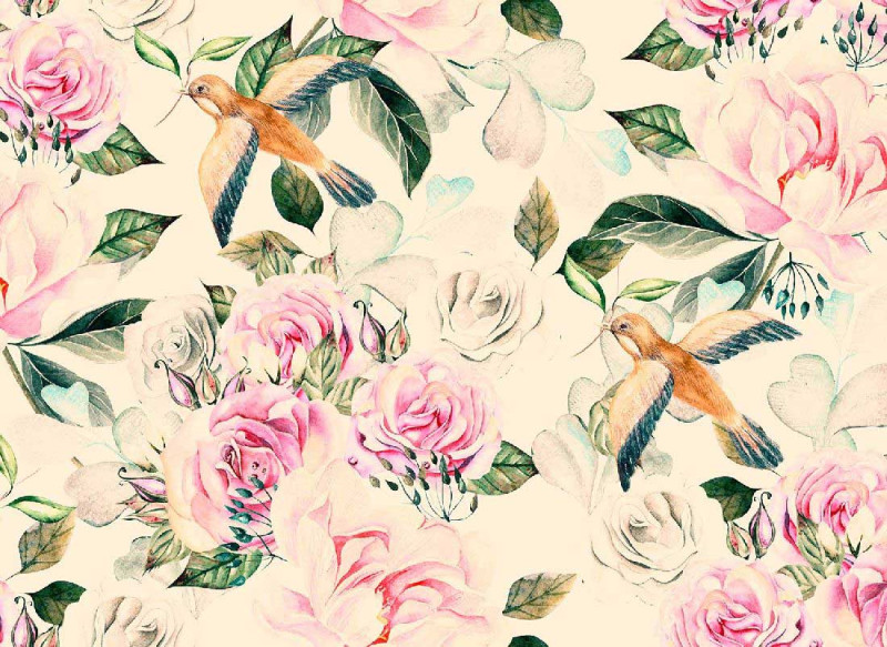 Skaben Wall mural Flowers - Cream / Pink | Flowers, Birds, Roses Wallpaper main product photo