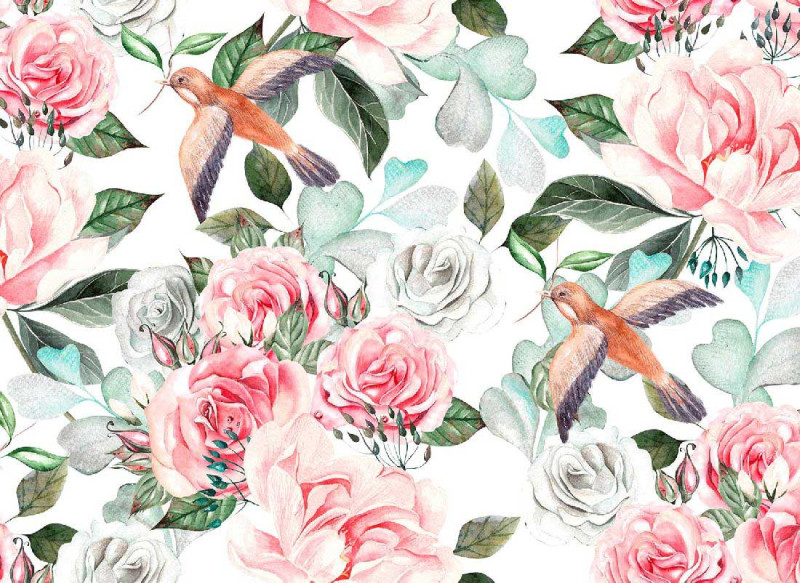 Skaben Papier peint photo Flowers - Blanc / Rose | Fleur, Oiseau, Roses Papier peint main product photo