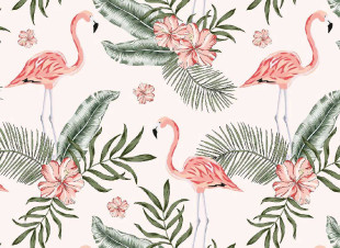 Skaben Fototapete Jungle - Weiß / Rosa | Dschungel, Flamingo, Vögel Tapete