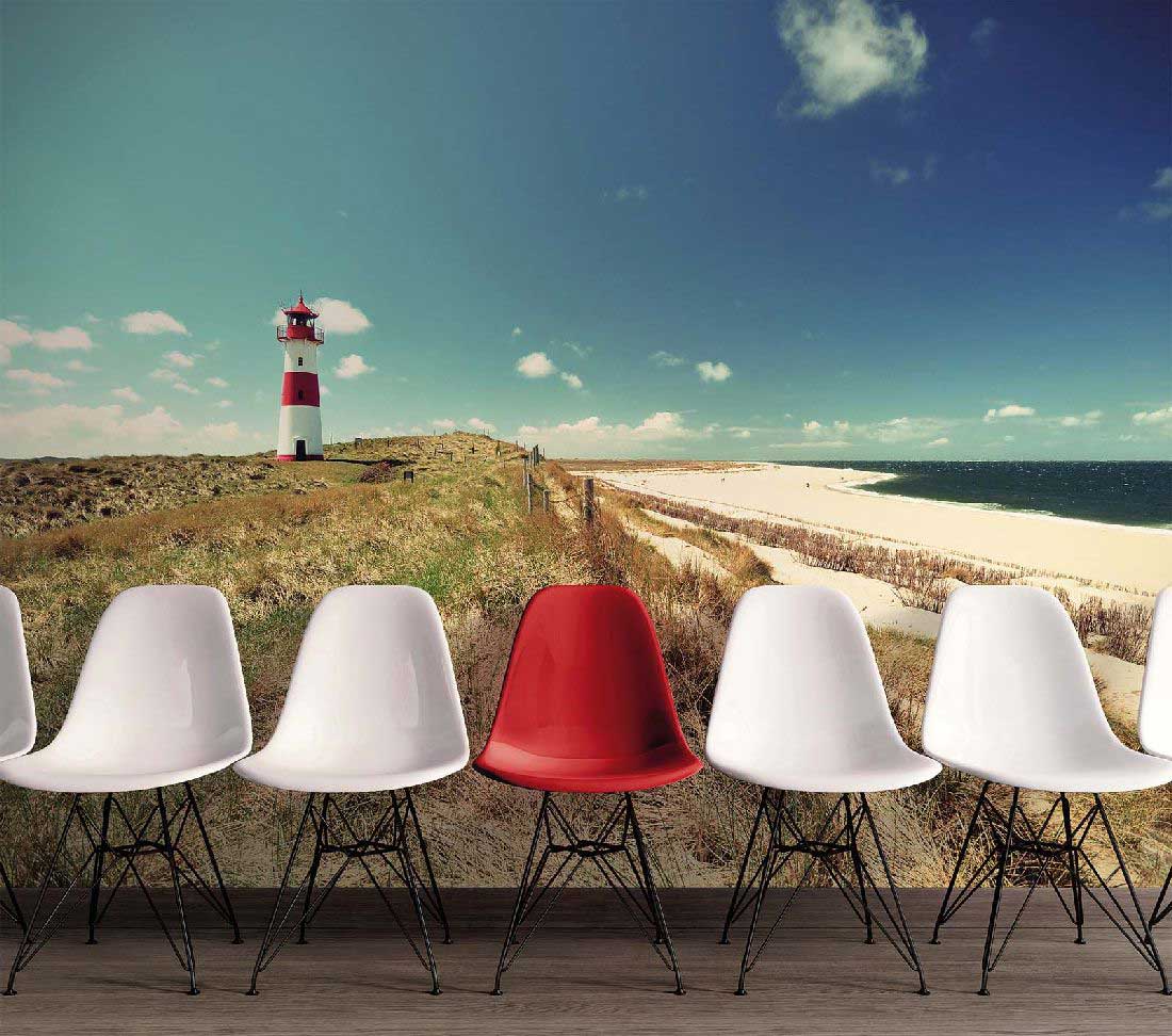 Skaben Fototapete Strand Leuchtturm Grün / Blau Raum3