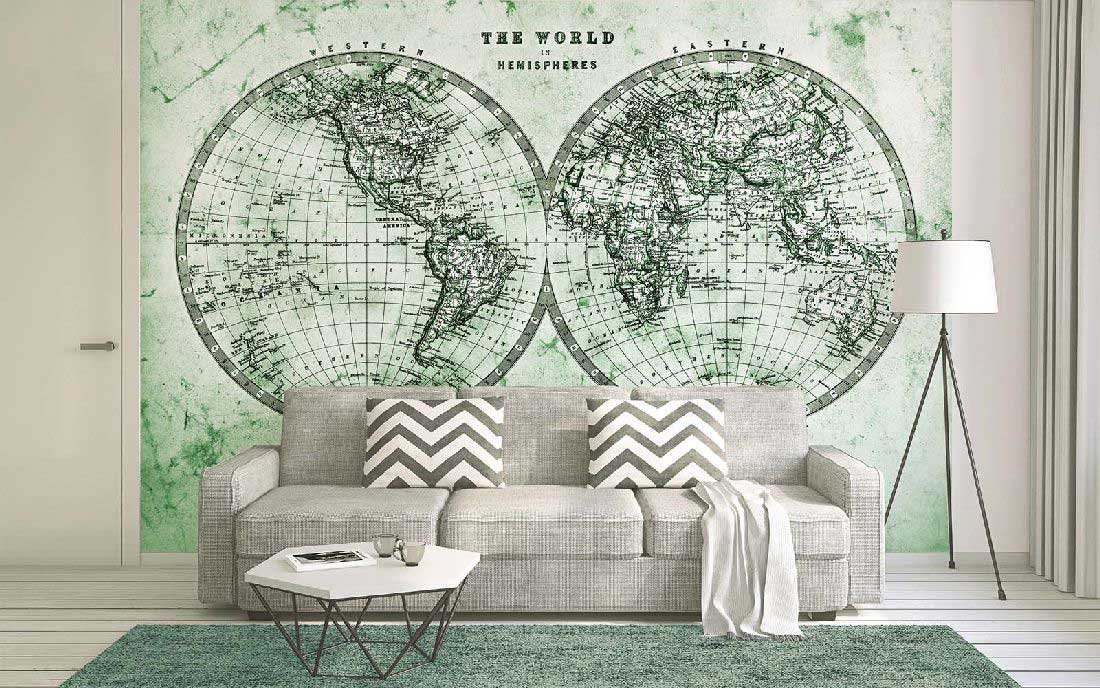 Skaben Fototapete Weltkarte Grün / Grau Raum3