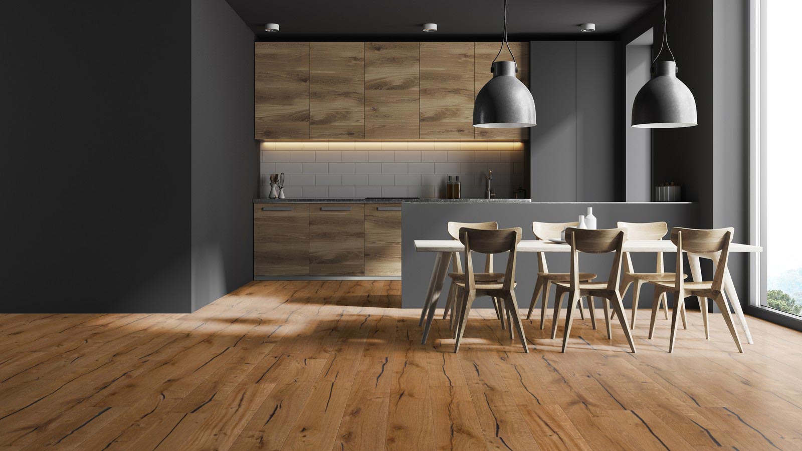 Skaben Parkett Bremen Antique Eiche Rustikal, antik markant gebürstet, schwarze Längsrisse, geölt Landhausdiele 4mm 4VM Raum5